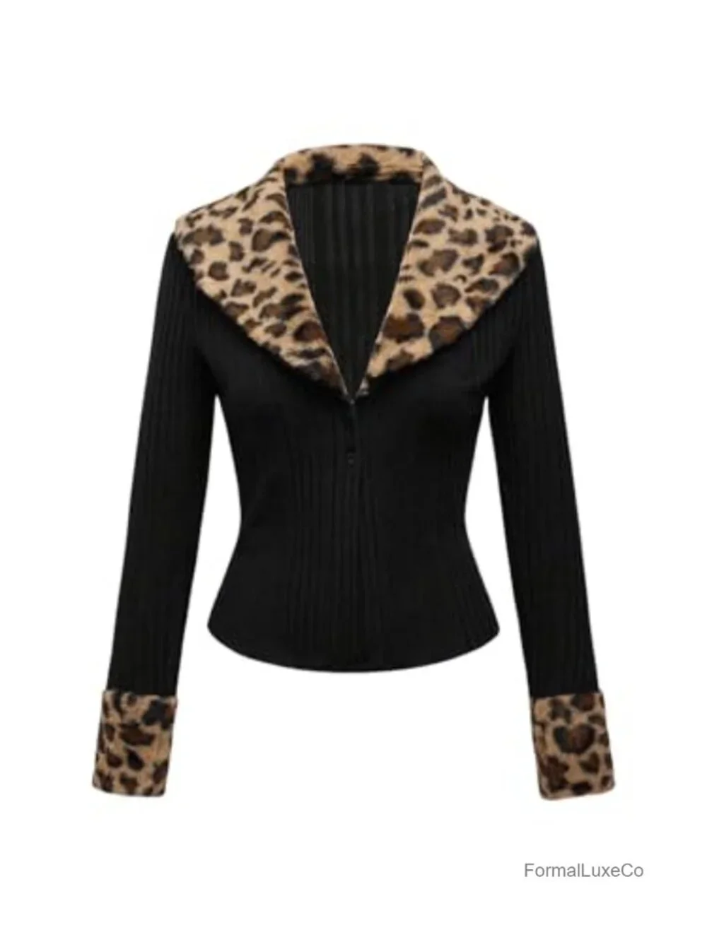 Leopard Faux Fur Trim Cardigan Long Sleeve Collared Button Down Knit Grunge